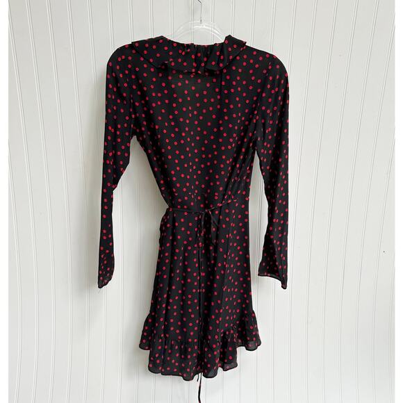 Réalisation Par Alexandra Black Silk Wrap Mini Dress Ruffle Hem Medium Polka Dot - Picture 11 of 12